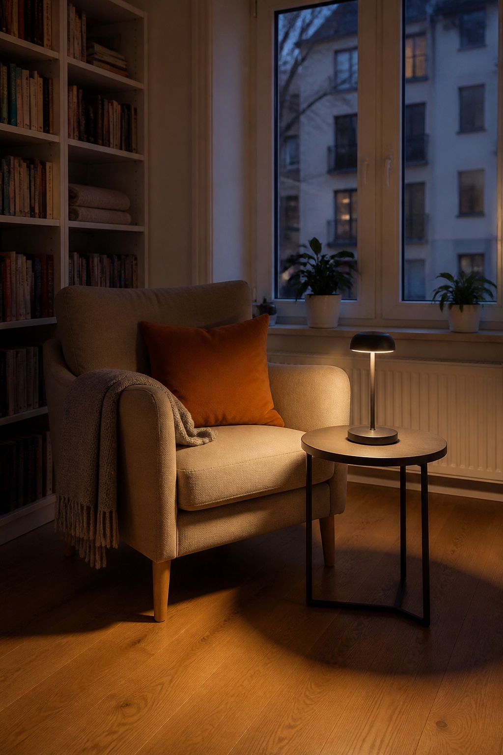Kabellose Tischlampe mit warmem Licht neben einem Lesesessel