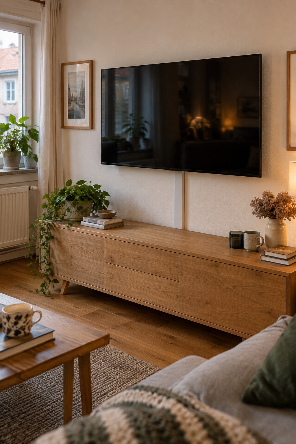 Weißer TV-Kabelkanal zwischen wandmontiertem Fernseher und Eichen-Lowboard