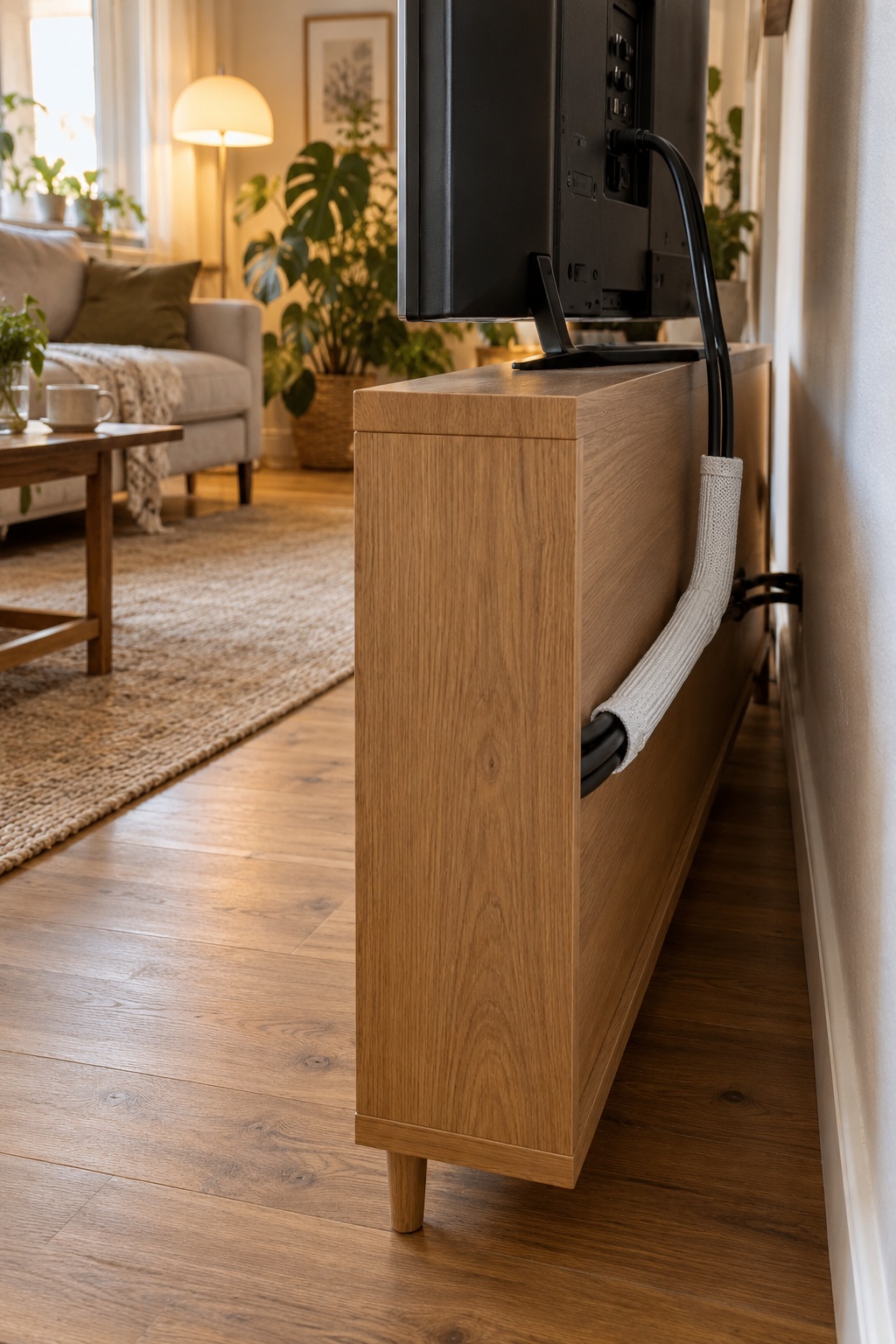 Weißer geflochtener Kabelschlauch bündelt Leitungen hinter dem TV-Möbel