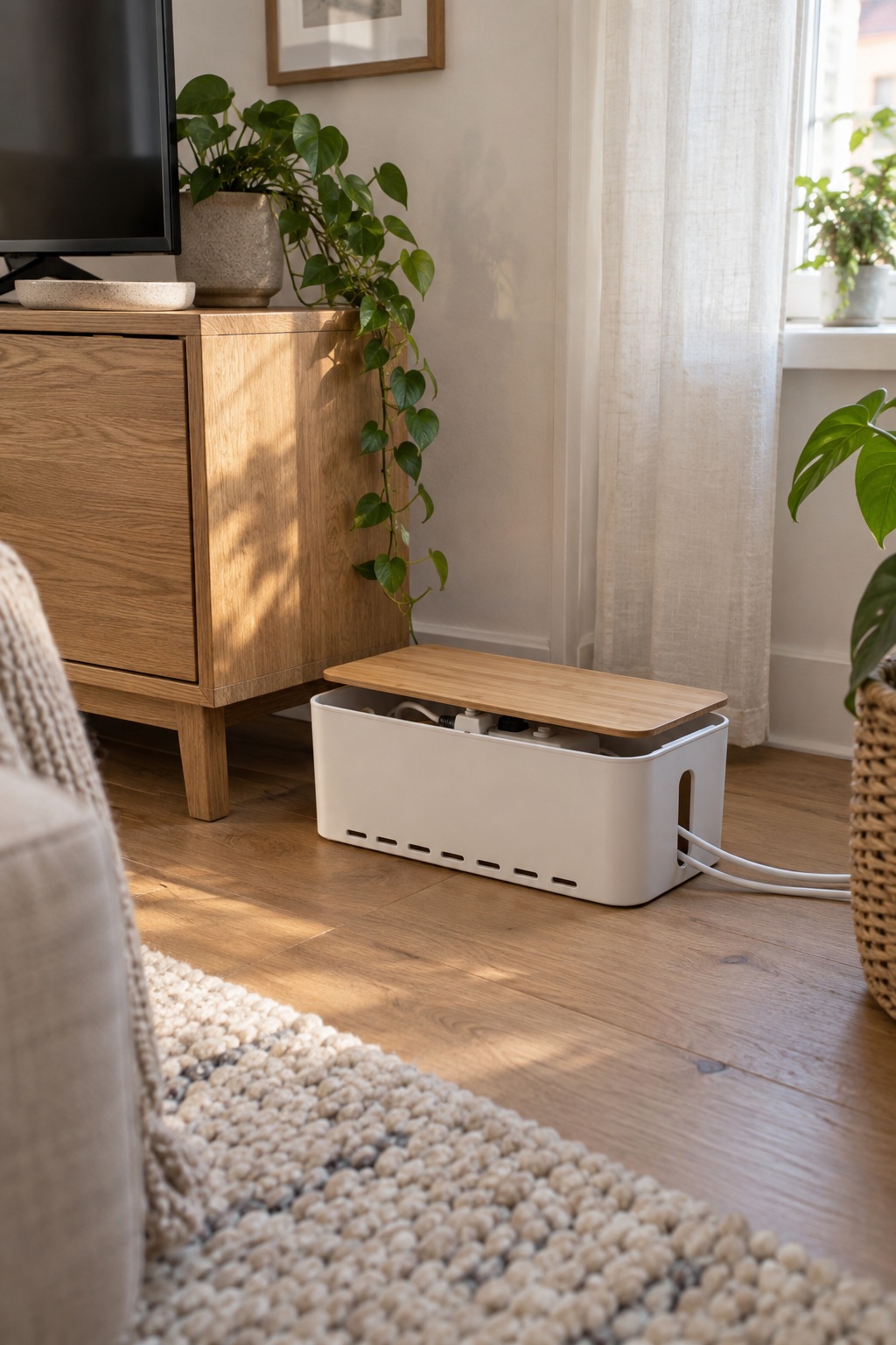 Weiße belüftete Kabelbox mit Bambusdeckel und seitlichen Kabeldurchführungen