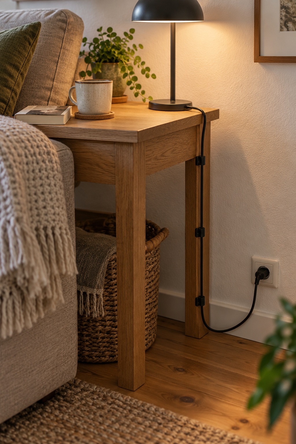 Kleine Clips führen ein Lampenkabel am hinteren Tischbein entlang