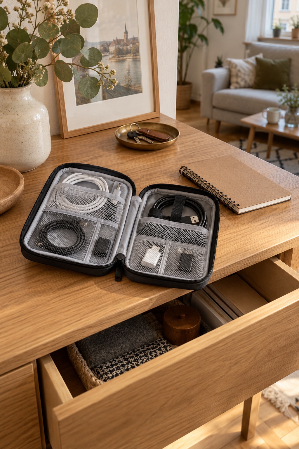 Geöffnete schwarze Kabeltasche mit grauen Netzfächern und unbenutzten Kabeln