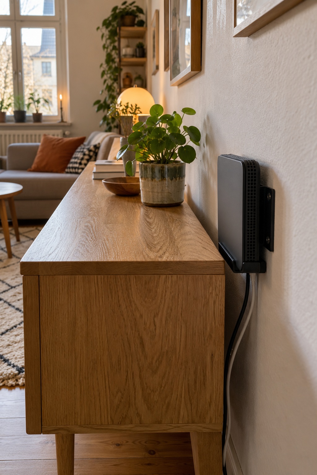 Offene schwarze Wandhalterung trägt einen Router hinter einer Holzkonsole