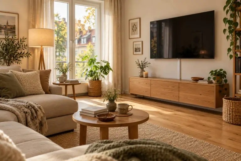 Wohnliches Wohnzimmer mit TV-Kabelkanal und freiem Boden