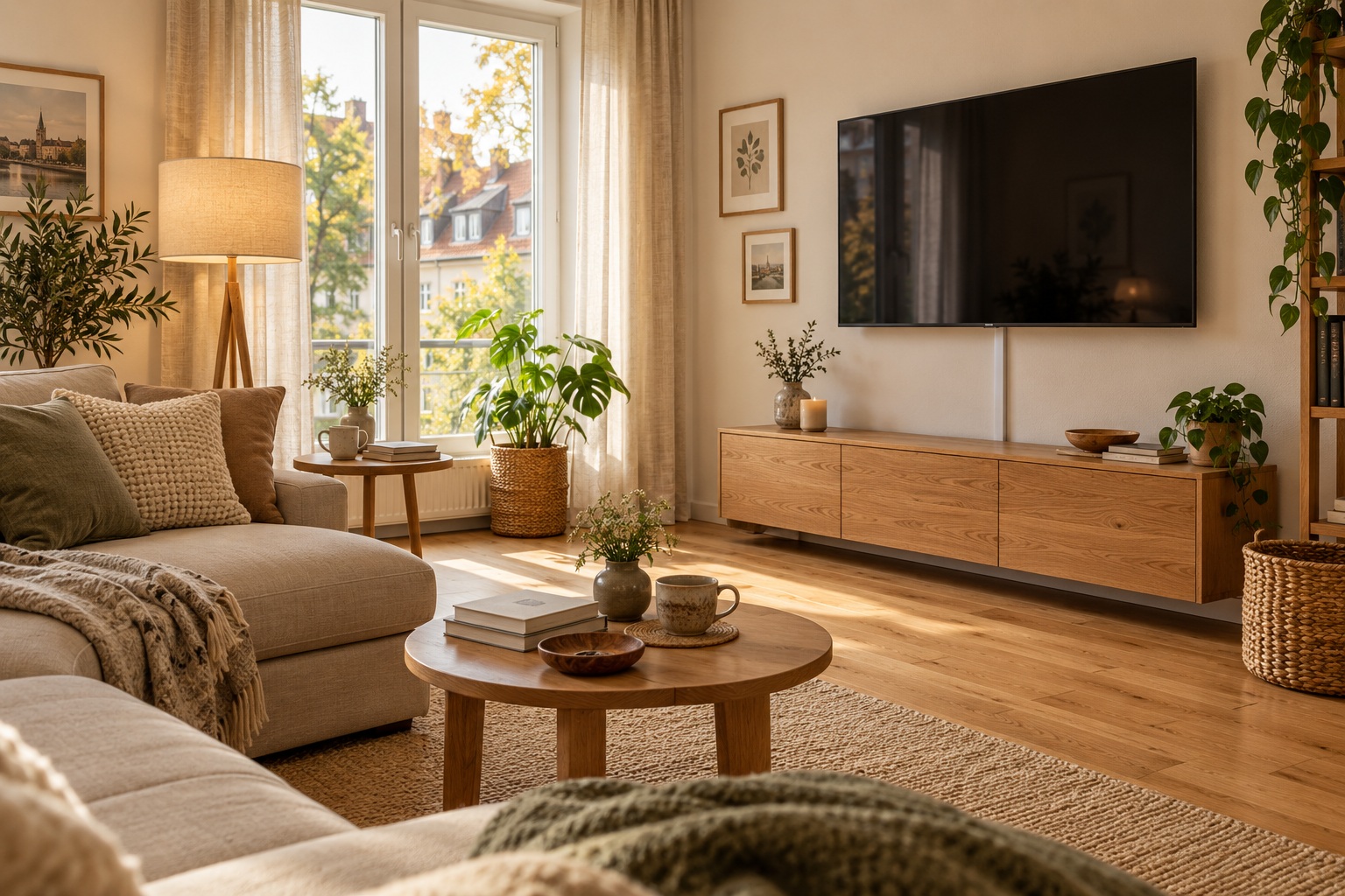 Wohnliches Wohnzimmer mit TV-Kabelkanal und freiem Boden