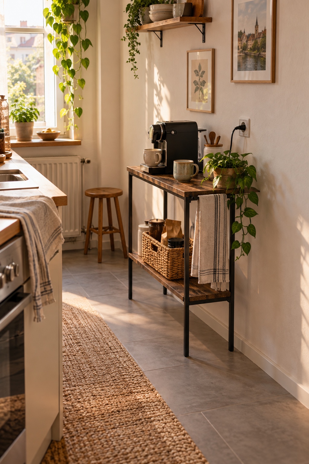 Schmale Kaffeebar auf einer warmen Holzkonsole in einer bewohnten kleinen Küche