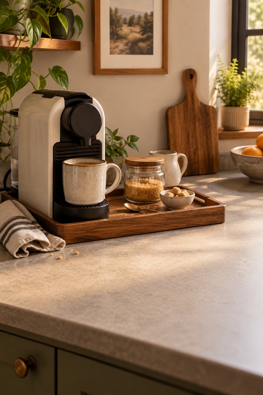 Kaffeemaschine mit Tasse und Zuckerdose auf einem Akazienholztablett