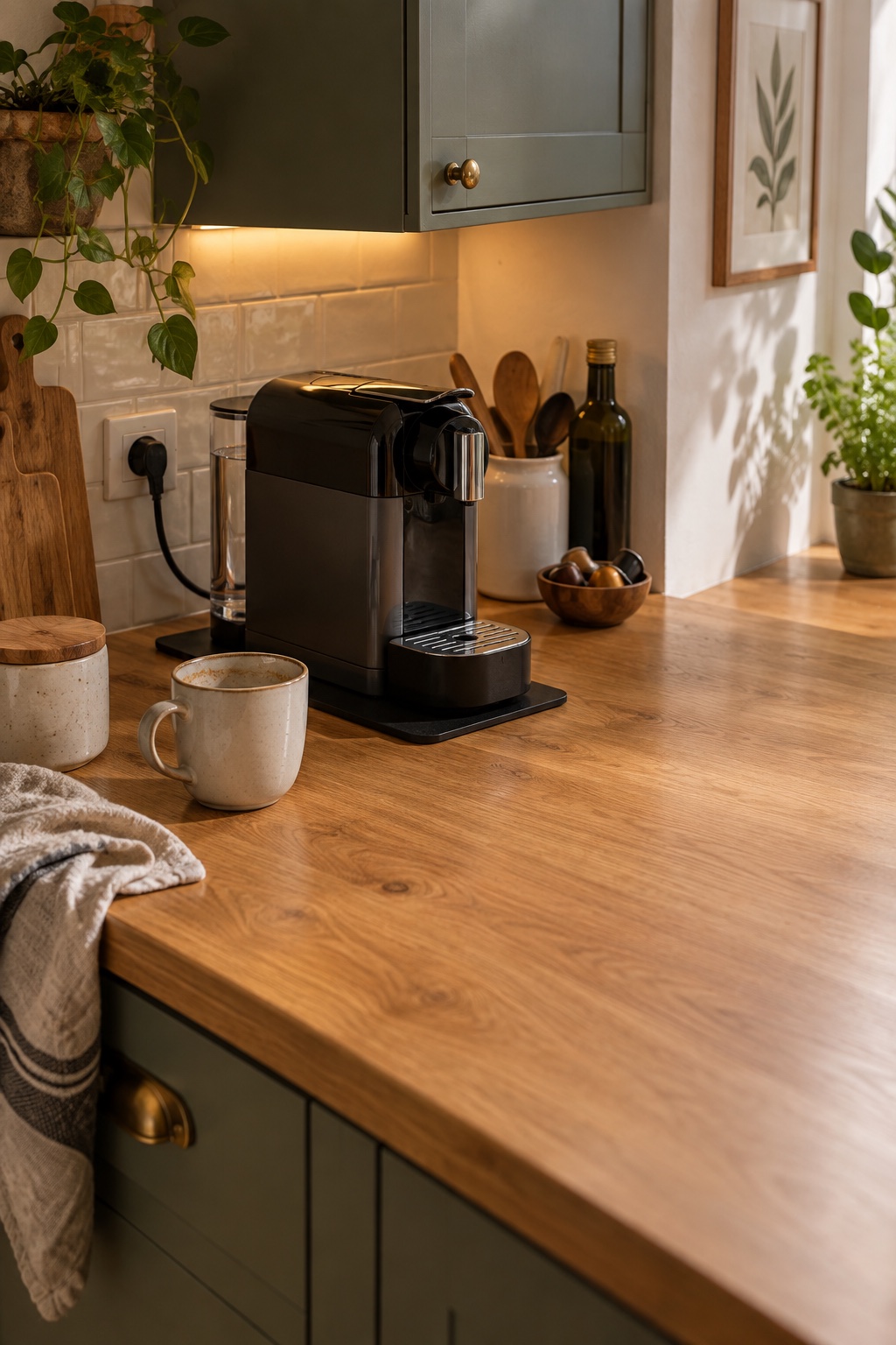 Kaffeevollautomat auf einer schwarzen verschiebbaren Silikonmatte unter einem Hängeschrank