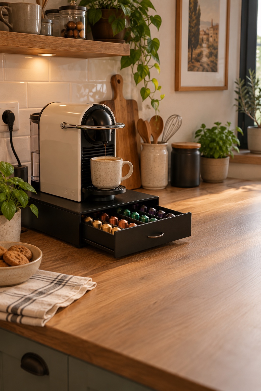 Kompakte schwarze Kapselschublade unter einer Kaffeemaschine mit geöffneter Schublade