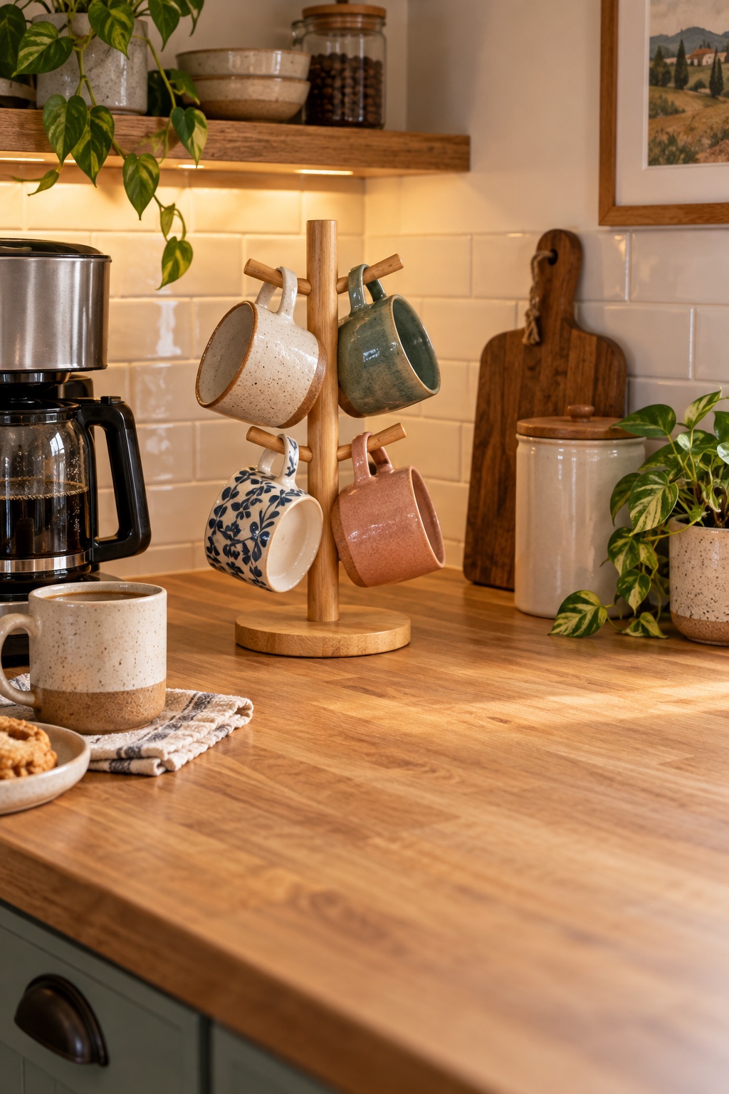 Bambus-Tassenbaum mit sechs unterschiedlichen Alltagstassen auf einer kleinen Kaffeebar