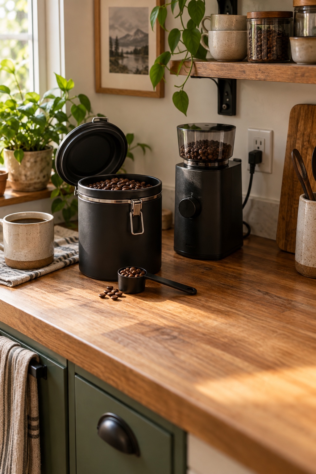 Mattschwarze luftdichte Kaffeedose neben einer Mühle in einer gemütlichen Kaffeebar