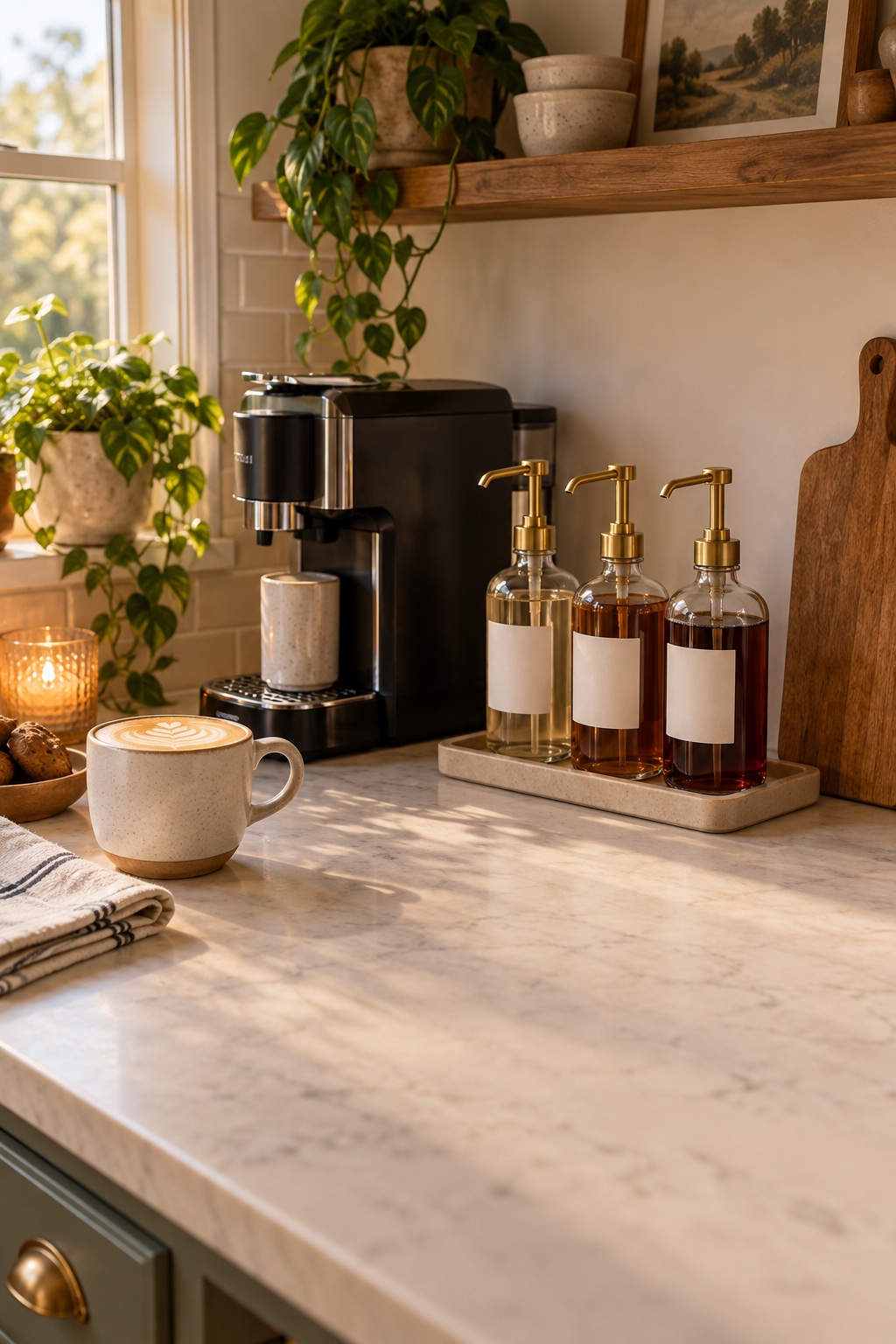 Drei kleine Kaffeesirup-Flaschen mit Pumpen auf einer warmen häuslichen Kaffeebar