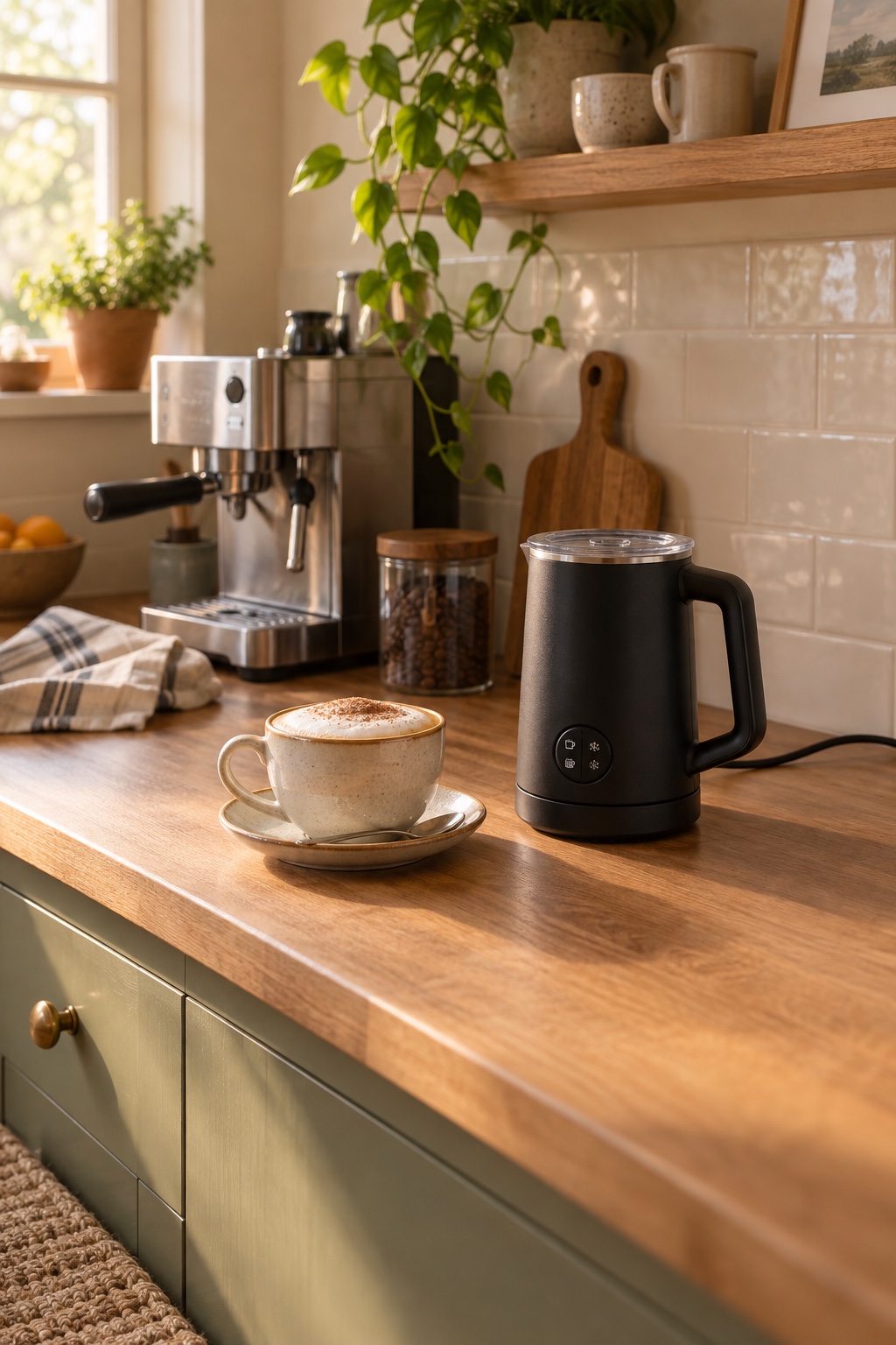 Kompakter elektrischer Milchaufschäumer neben einer Tasse Cappuccino