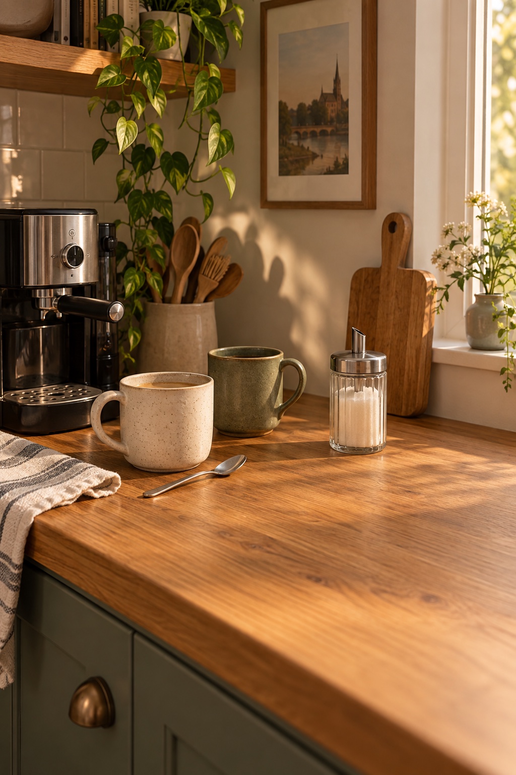 Schlanker Glas-Zuckerstreuer mit Edelstahldeckel neben zwei Kaffeetassen
