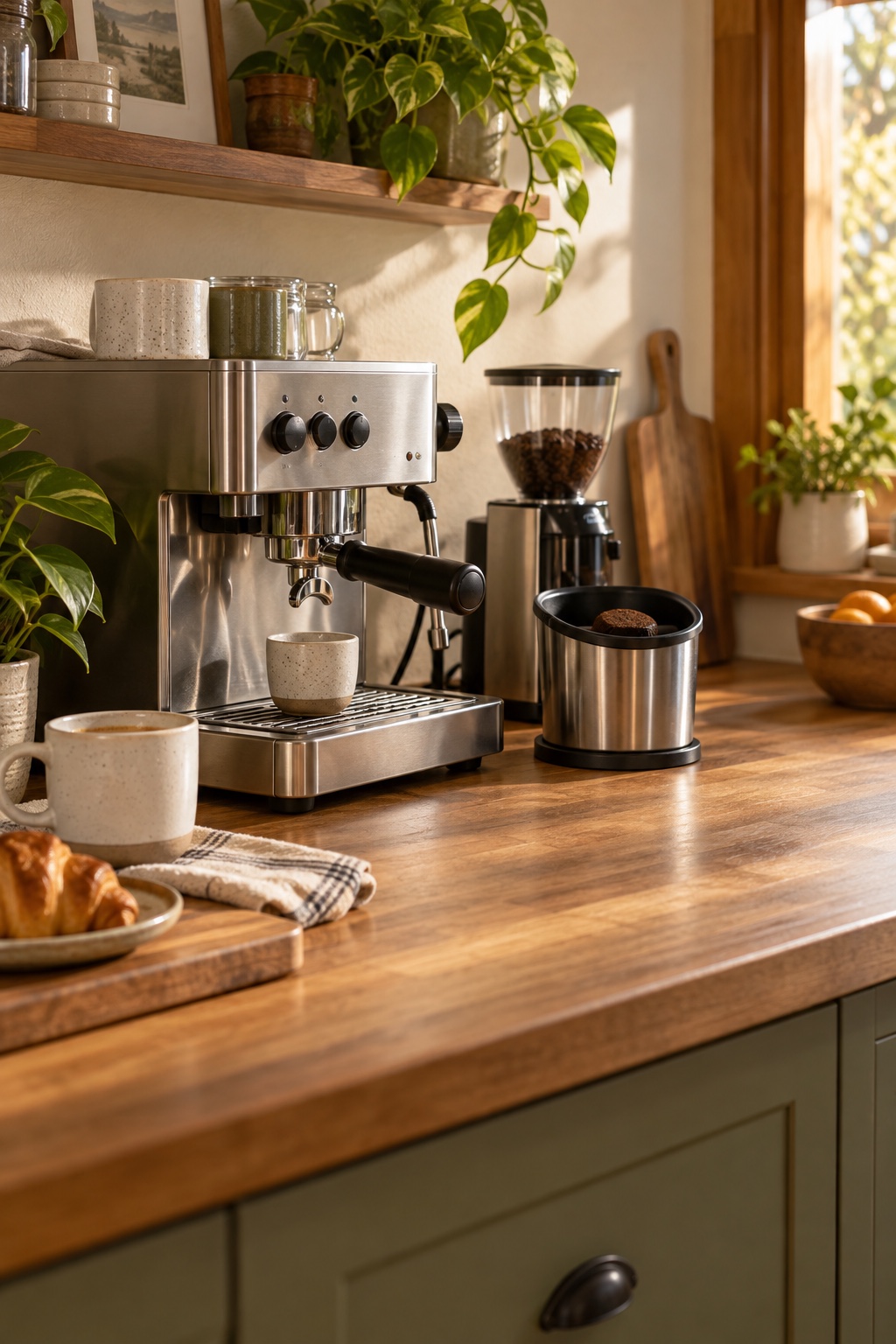 Edelstahl-Abschlagbox neben einer kleinen Siebträgermaschine auf einer Kaffeebar