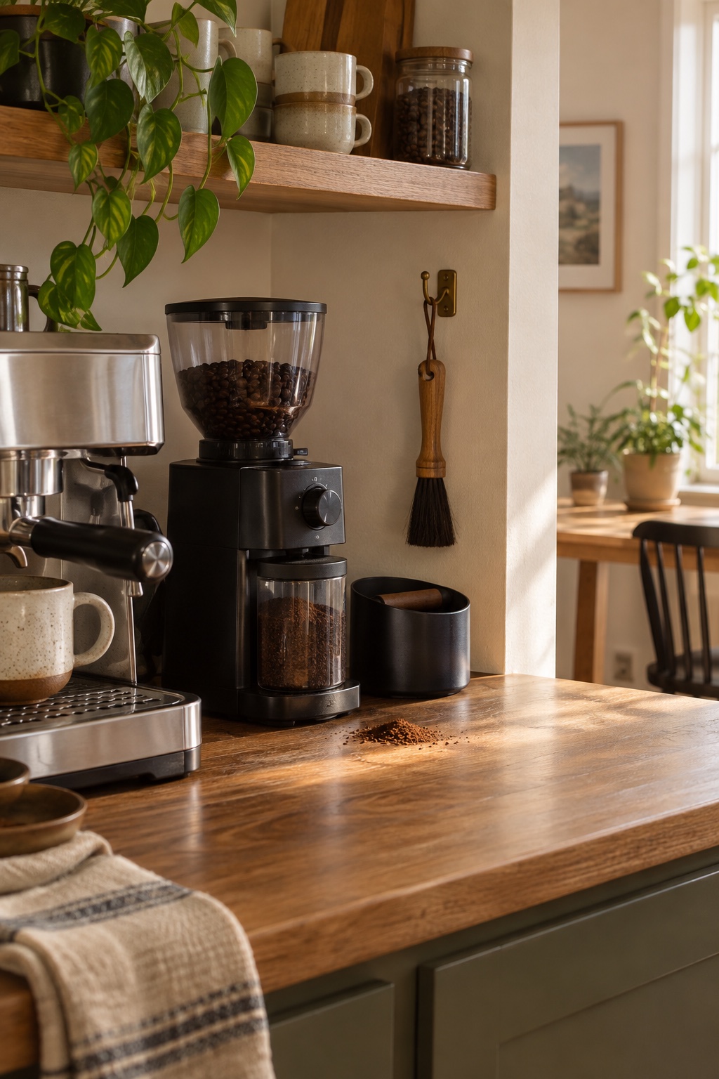 Kaffeepinsel mit Holzgriff an einem kleinen Haken neben Kaffeemühle und Maschine
