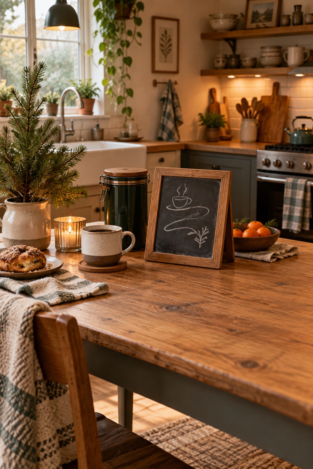 Kleine Kreidetafel mit unleserlicher handschriftlicher Markierung neben einer Kaffeebar
