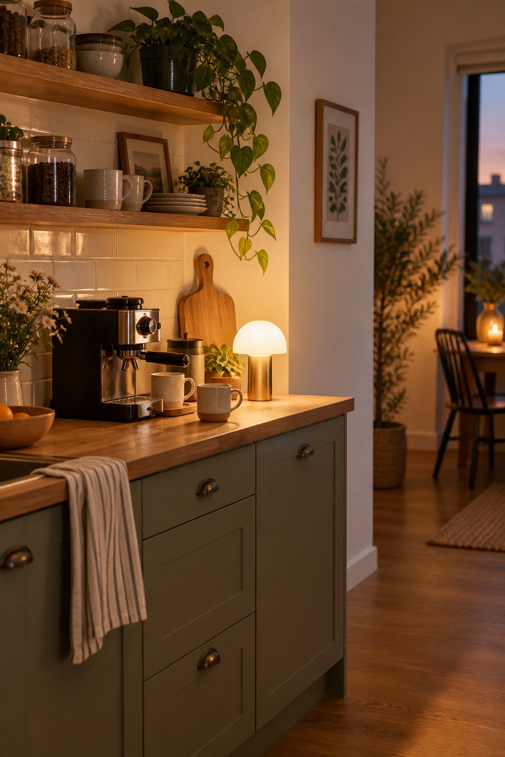 Kleine kabellose Tischlampe mit warmem Licht auf einer gemütlichen Kaffeebar am Abend
