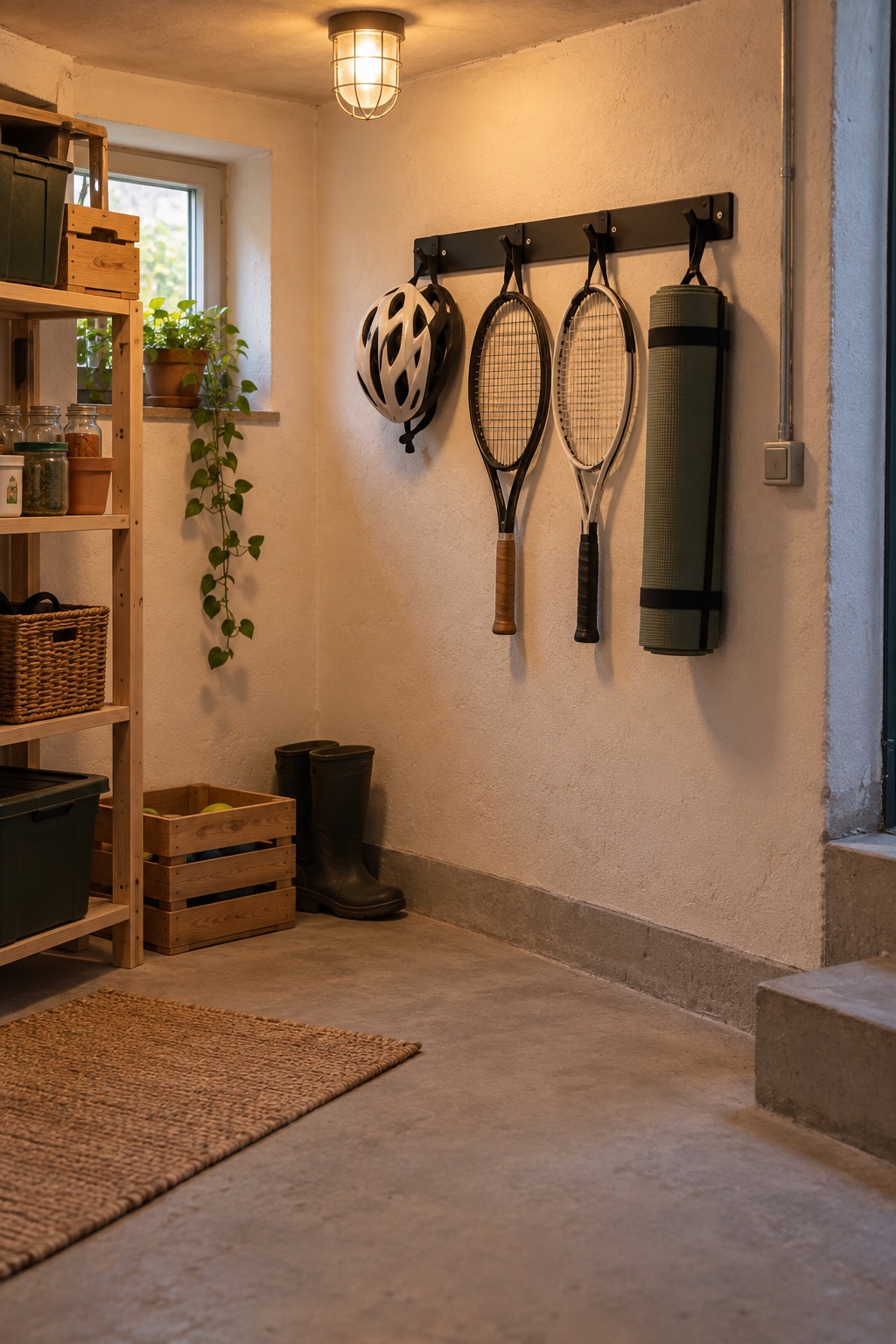 Fahrradhelm Tennisschläger und Yogamatte ordentlich an Wandhaken im Keller