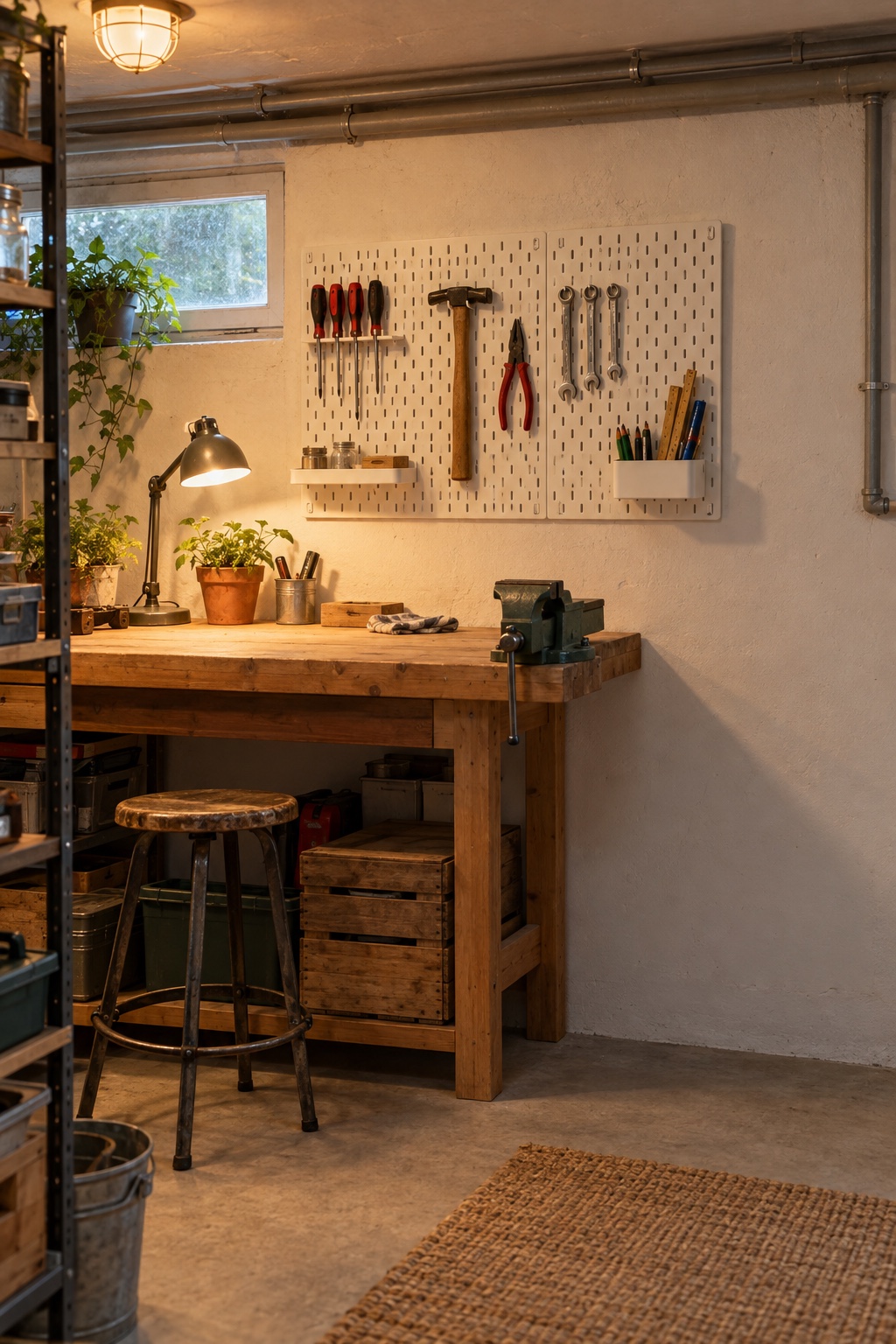 Weiße modulare Stecktafel mit wenigen sauber angeordneten Handwerkzeugen im Keller
