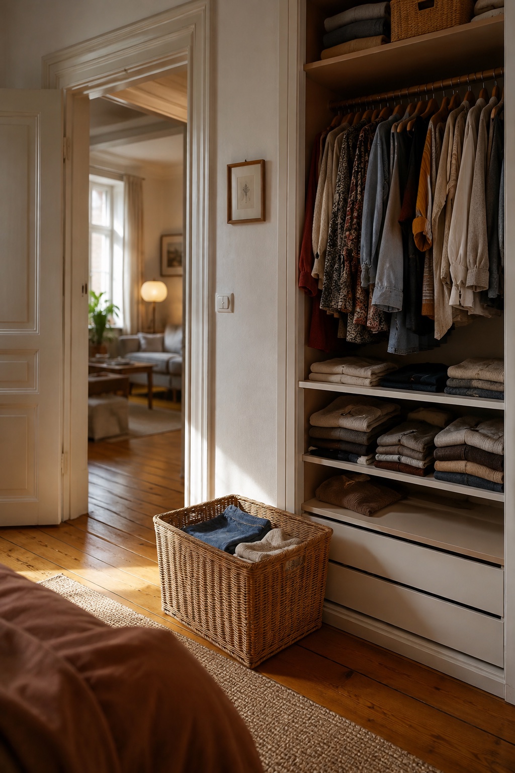 Geöffneter Kleiderschrank in einem warmen Altbau-Schlafzimmer, ein einzelner Flechtkorb mit aussortierter Kleidung daneben