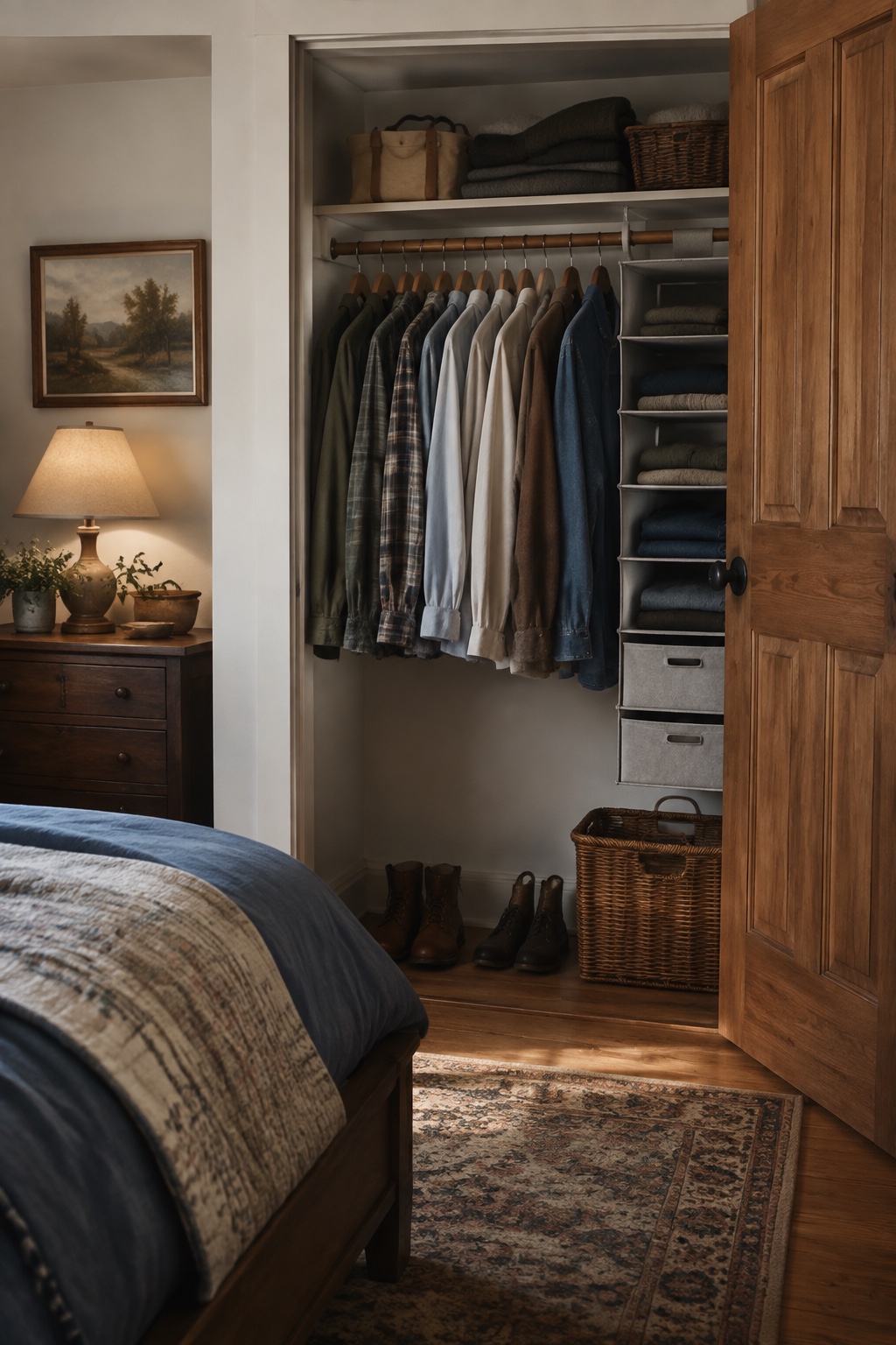 Landhaus-Schlafraum mit offenem Kleiderschrank, ruhige Reihe von Hemden und einem grauen Hängeorganizer
