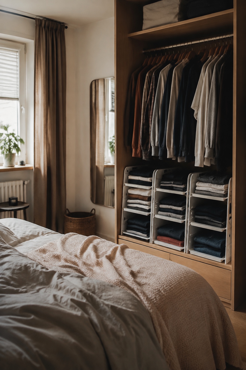 Kleiner moderner Kleiderschrank mit sauber gefalteten T-Shirts in weißen stapelbaren Einsätzen
