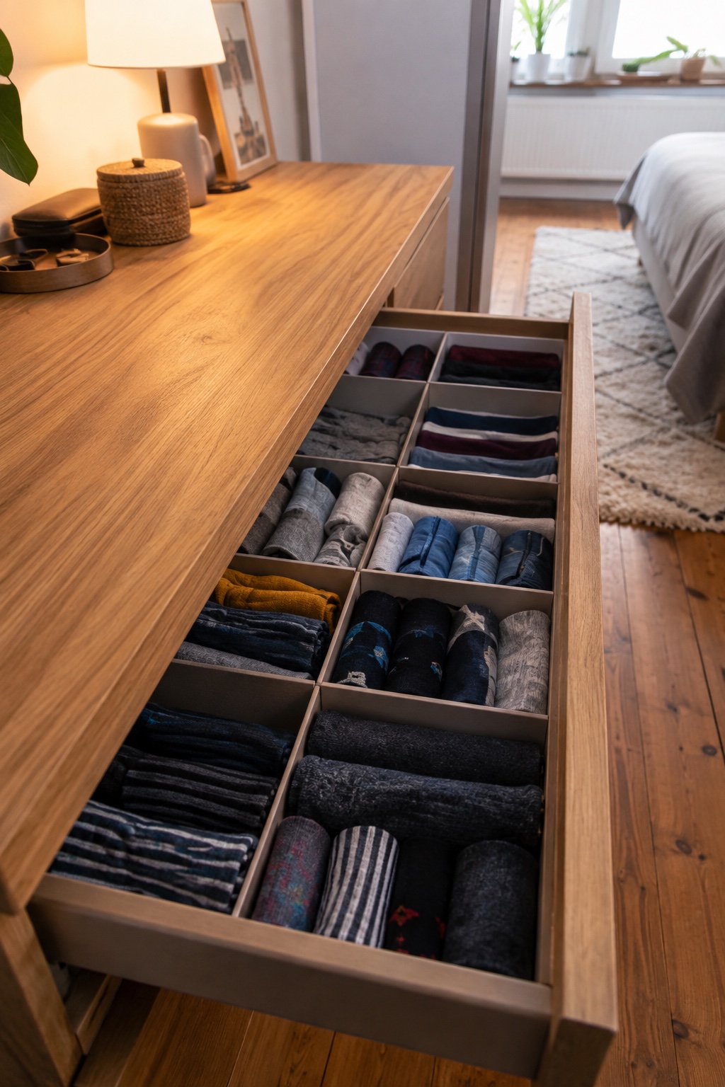 Geöffnete Holzkommode in einem gemütlichen Schlafzimmer, Socken und Unterwäsche in klar getrennten Fächern