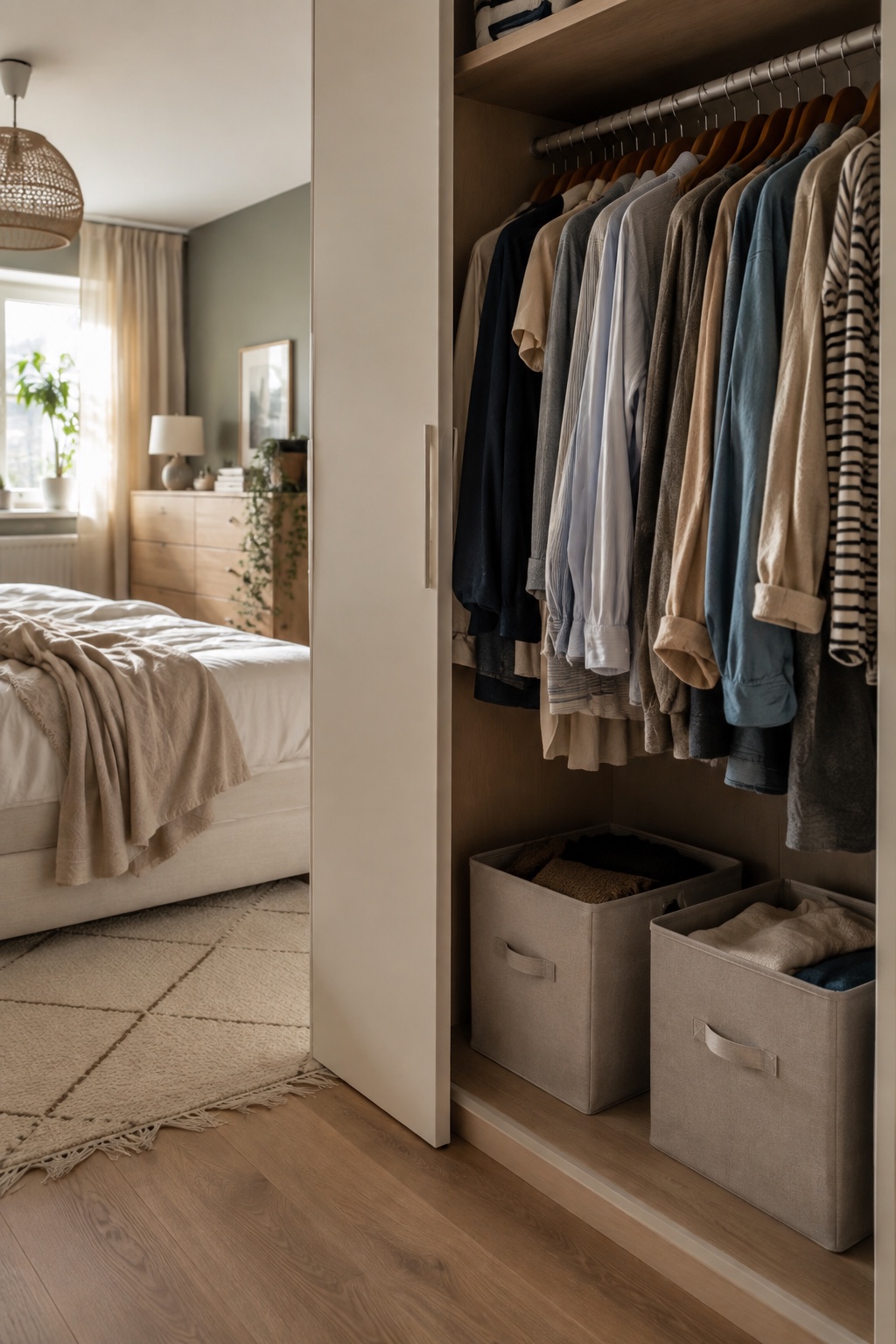 Heller Neubau-Schlafraum mit zwei niedrigen Stoffboxen auf einem Kleiderschrankboden
