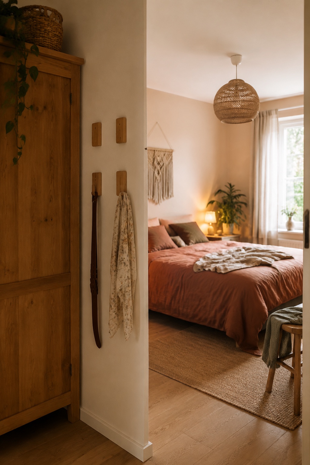 Warmer Boho-Schlafraum mit zwei eingeklappten und zwei genutzten Wandhaken neben dem Schrank