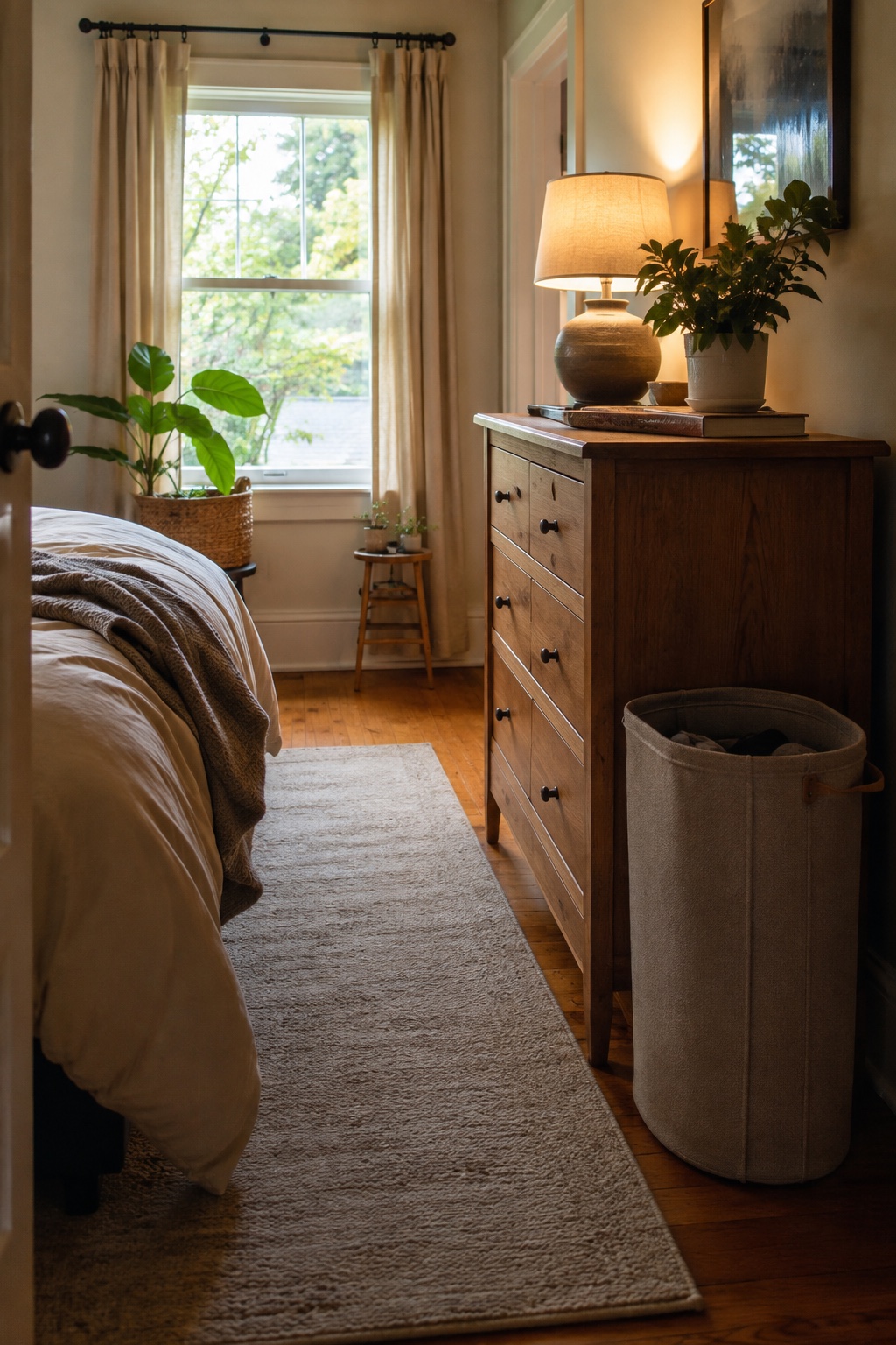 Gemütliches kleines Schlafzimmer mit schmalem Wäschekorb neben einer Holzkommode