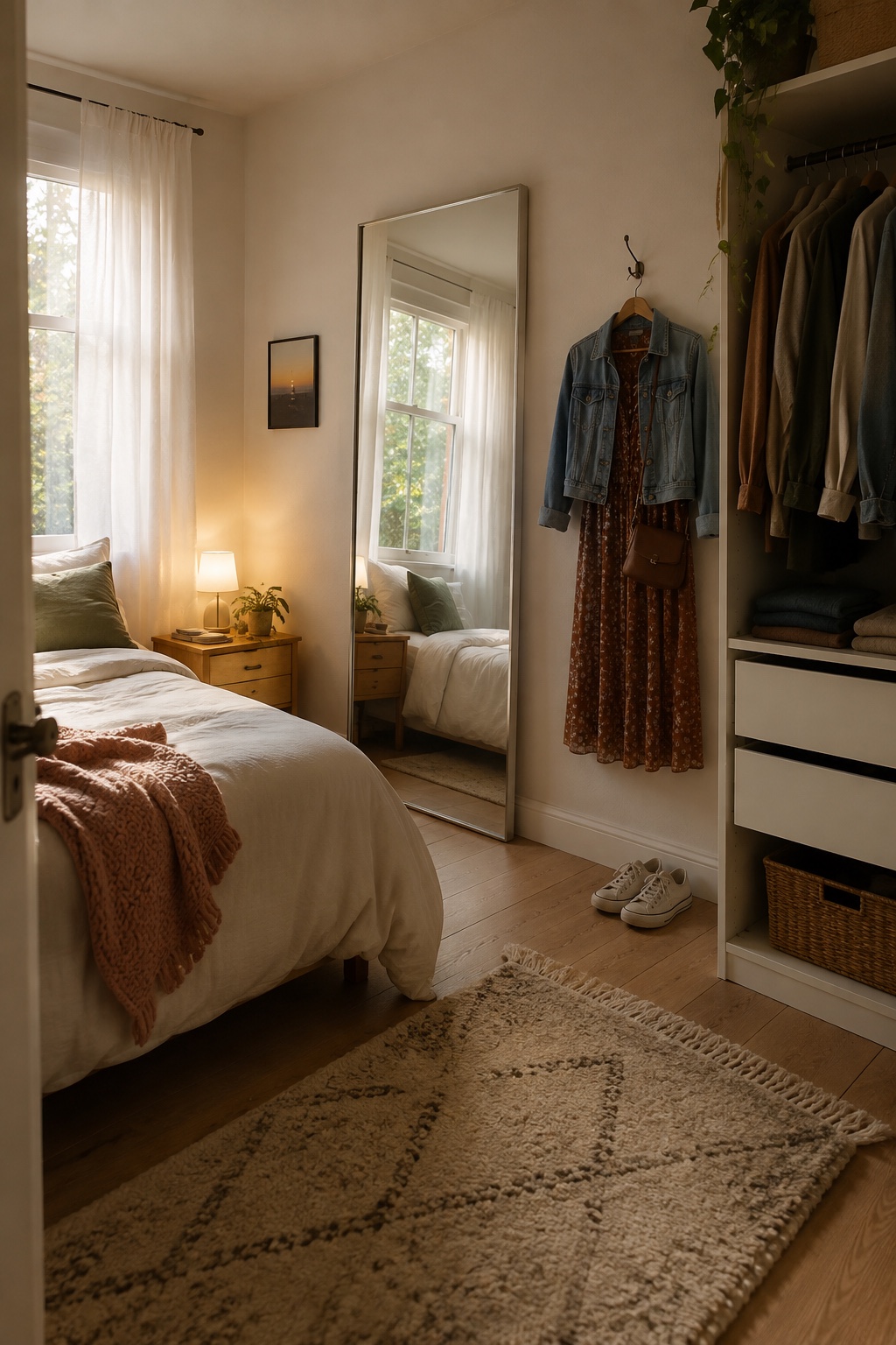 Freundliches Schlafzimmer mit großem Wandspiegel, kleinem Teppich und vorbereitetem Outfit