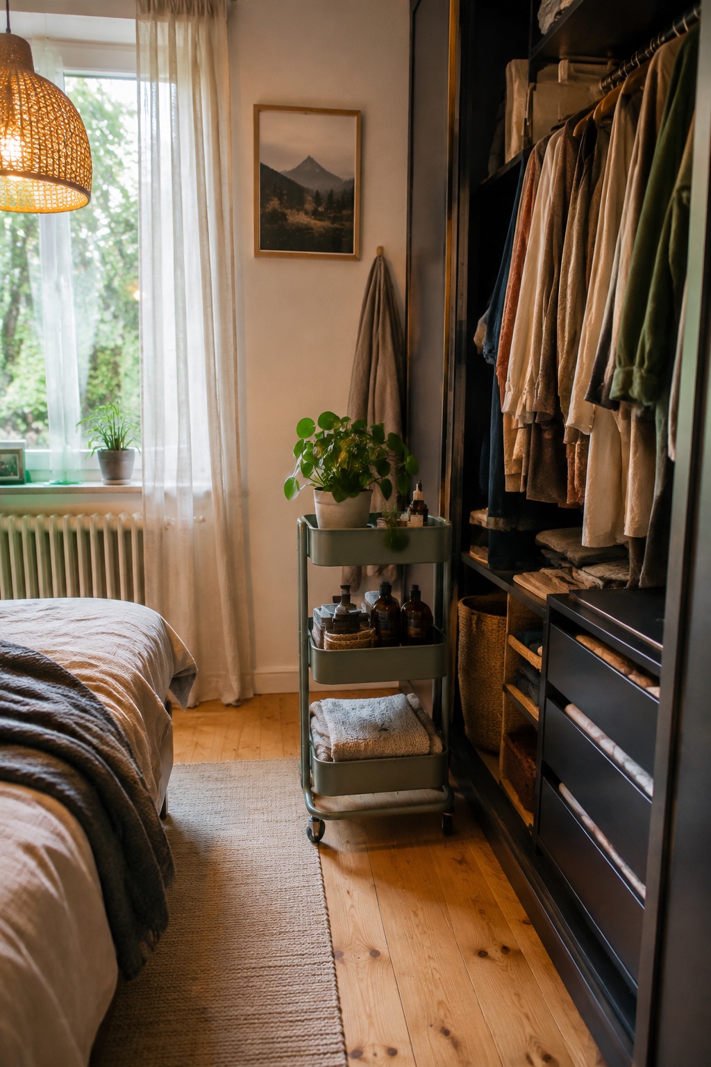 Kleines bewohntes Schlafzimmer mit schmalem Rollwagen neben einem offenen Kleiderschrank