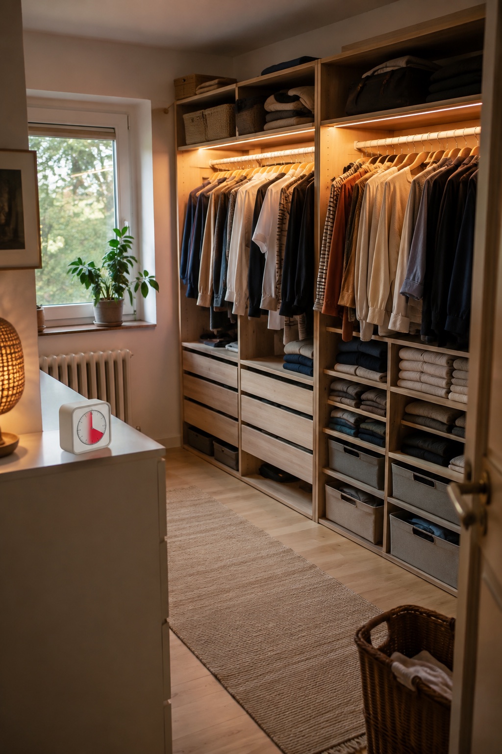 Warm beleuchteter Kleiderschrank mit fast fertiger Ordnung und kleinem visuellen Timer auf der Kommode