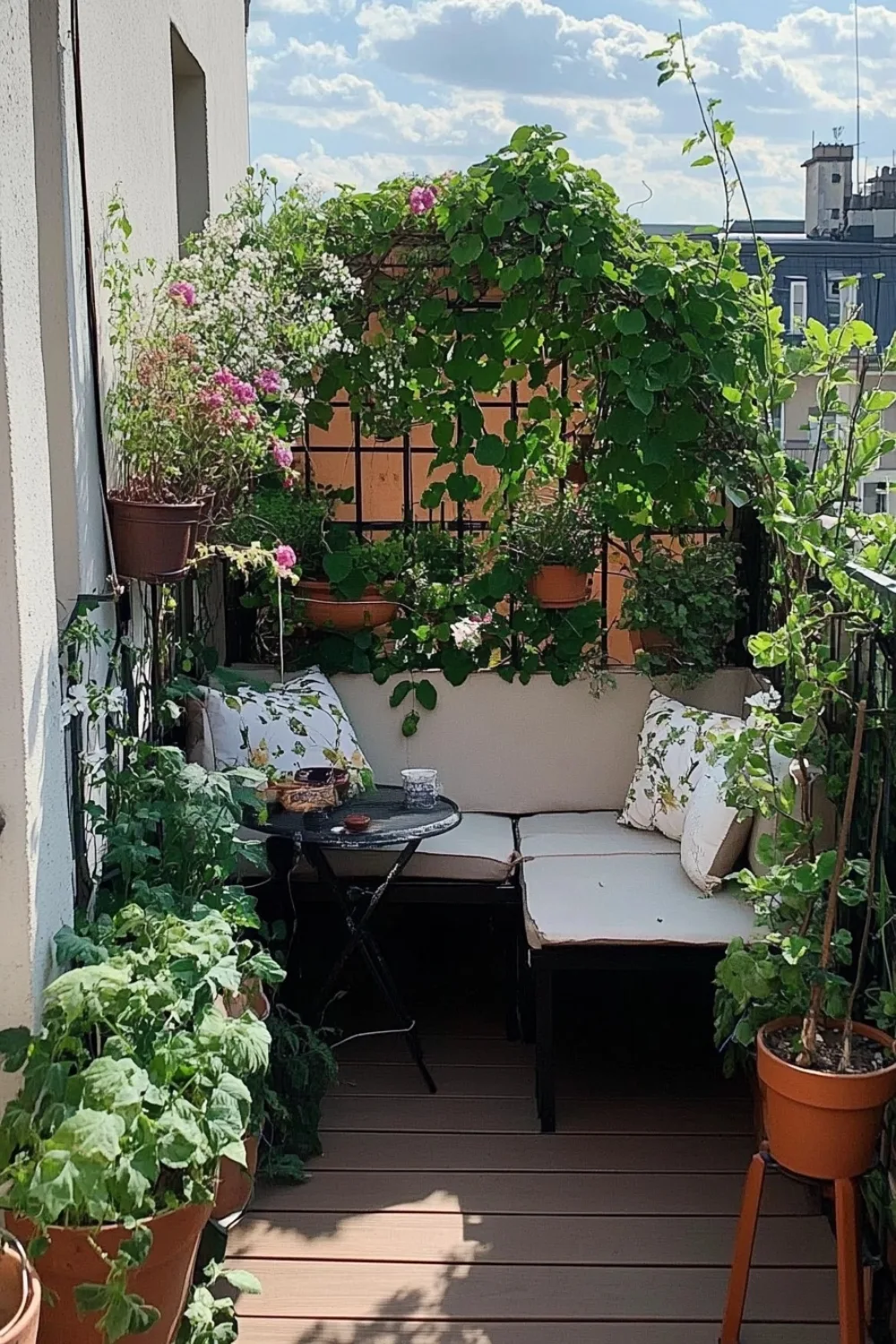 small cozy balcony with privacy screen made of plants