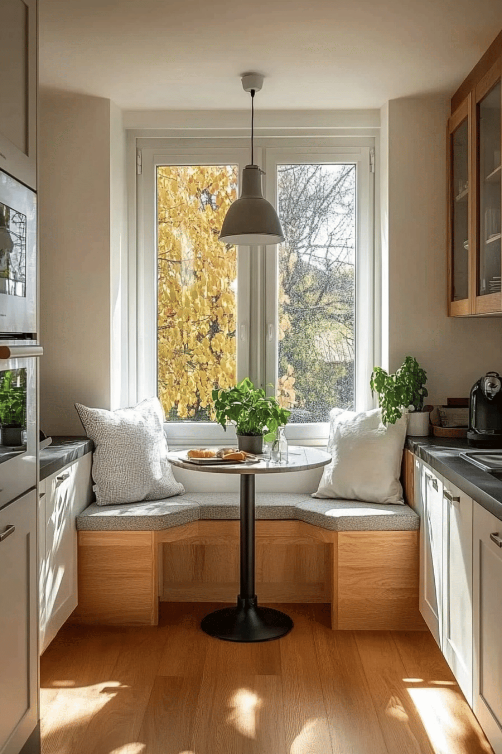 kleine küche mit sitzplatz am fenster