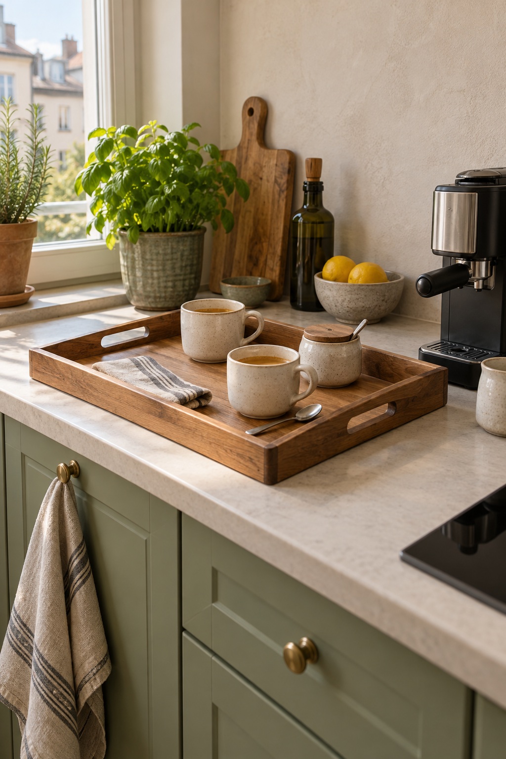 Tassen und kleine Kaffeeutensilien stehen auf einem Holztablett