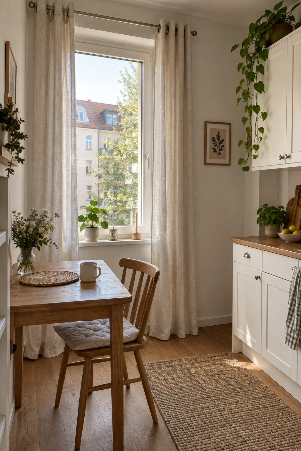 Beigefarbene Ösenvorhänge neben einem Küchenfenster mit kleiner Essecke