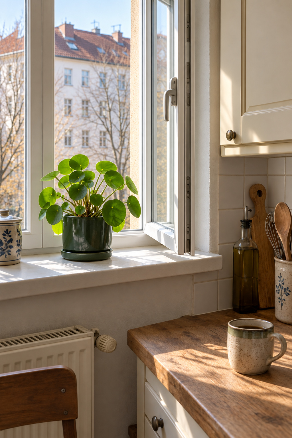Kompakte Grünpflanze in einem waldgrünen Keramiktopf mit Untersetzer auf einer tiefen Fensterbank