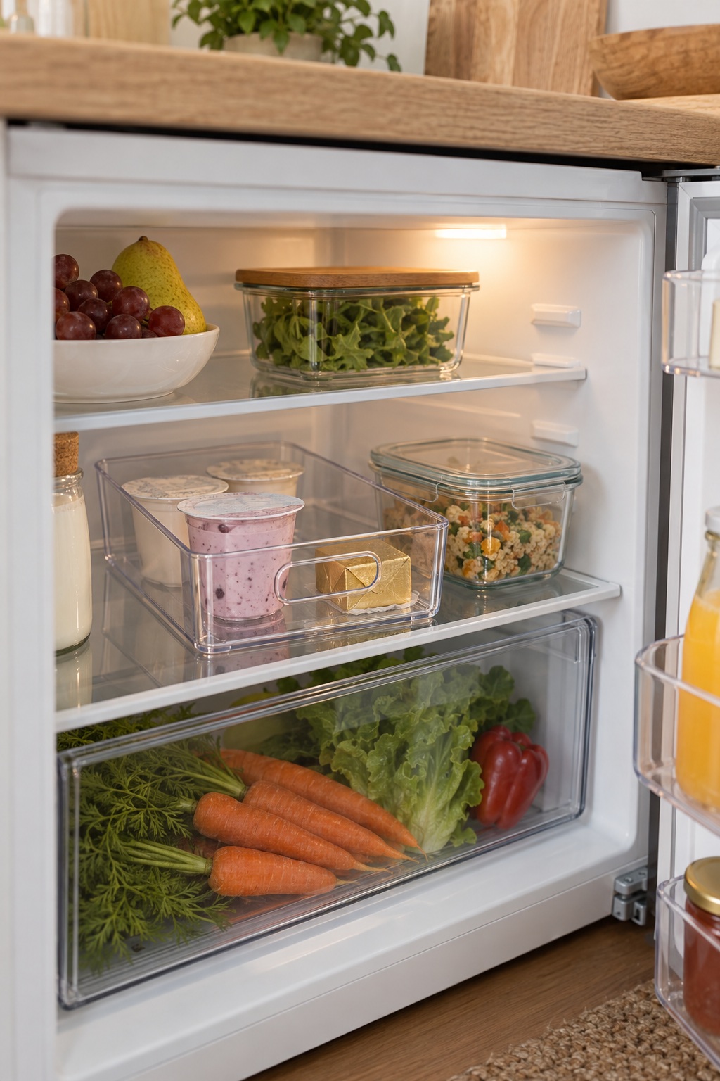 Offene Kühlschrankbox bündelt Joghurt und Butter
