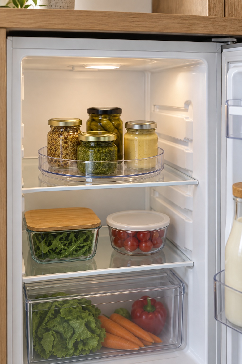 Drehteller mit kleinen Gläsern im Kühlschrank