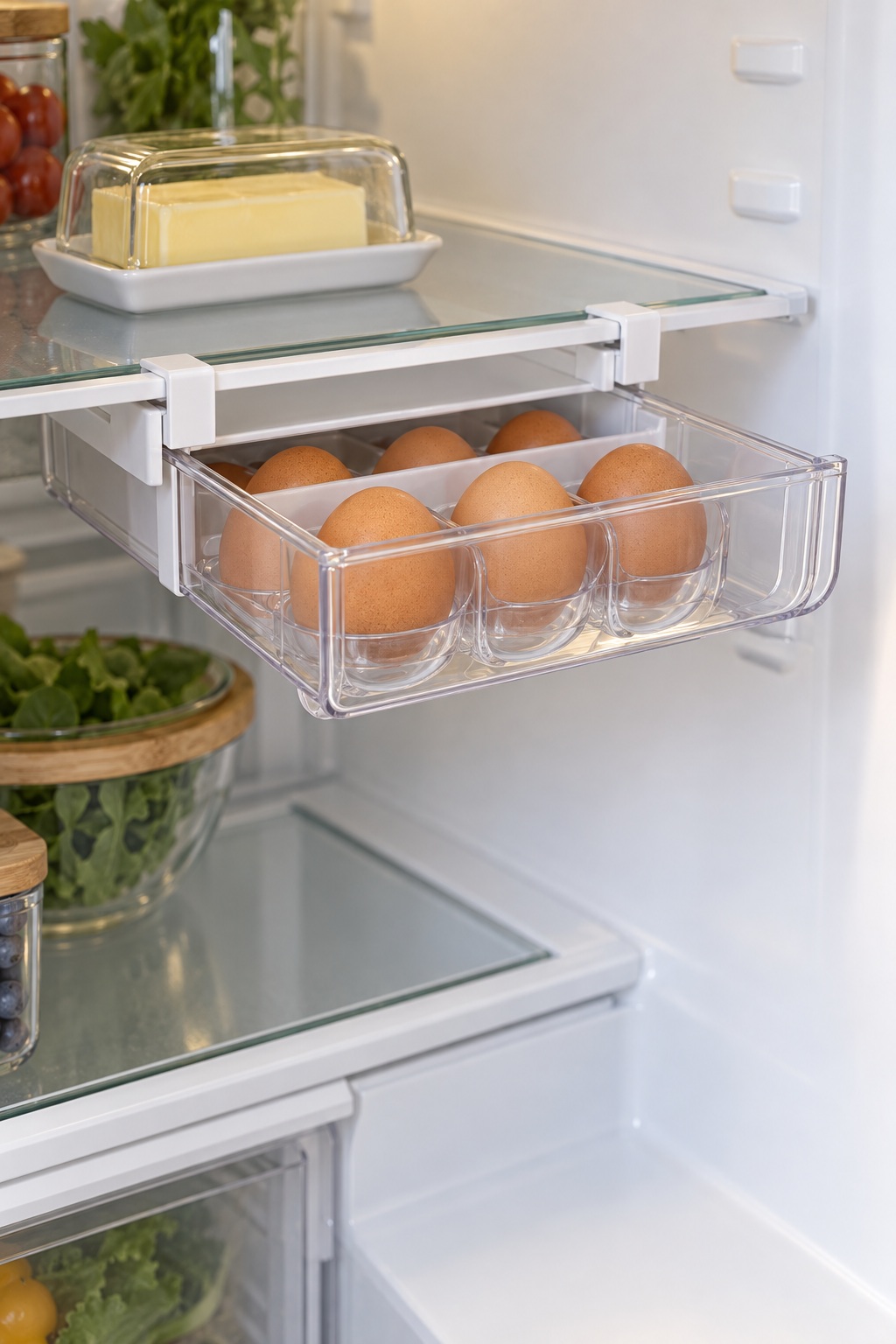 Transparente Eierschublade hängt unter einem Glasboden