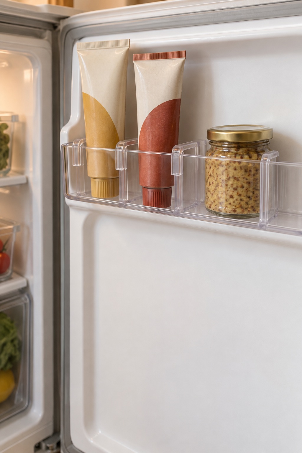 Transparente Trenner halten Tuben im Kühlschrank-Türfach