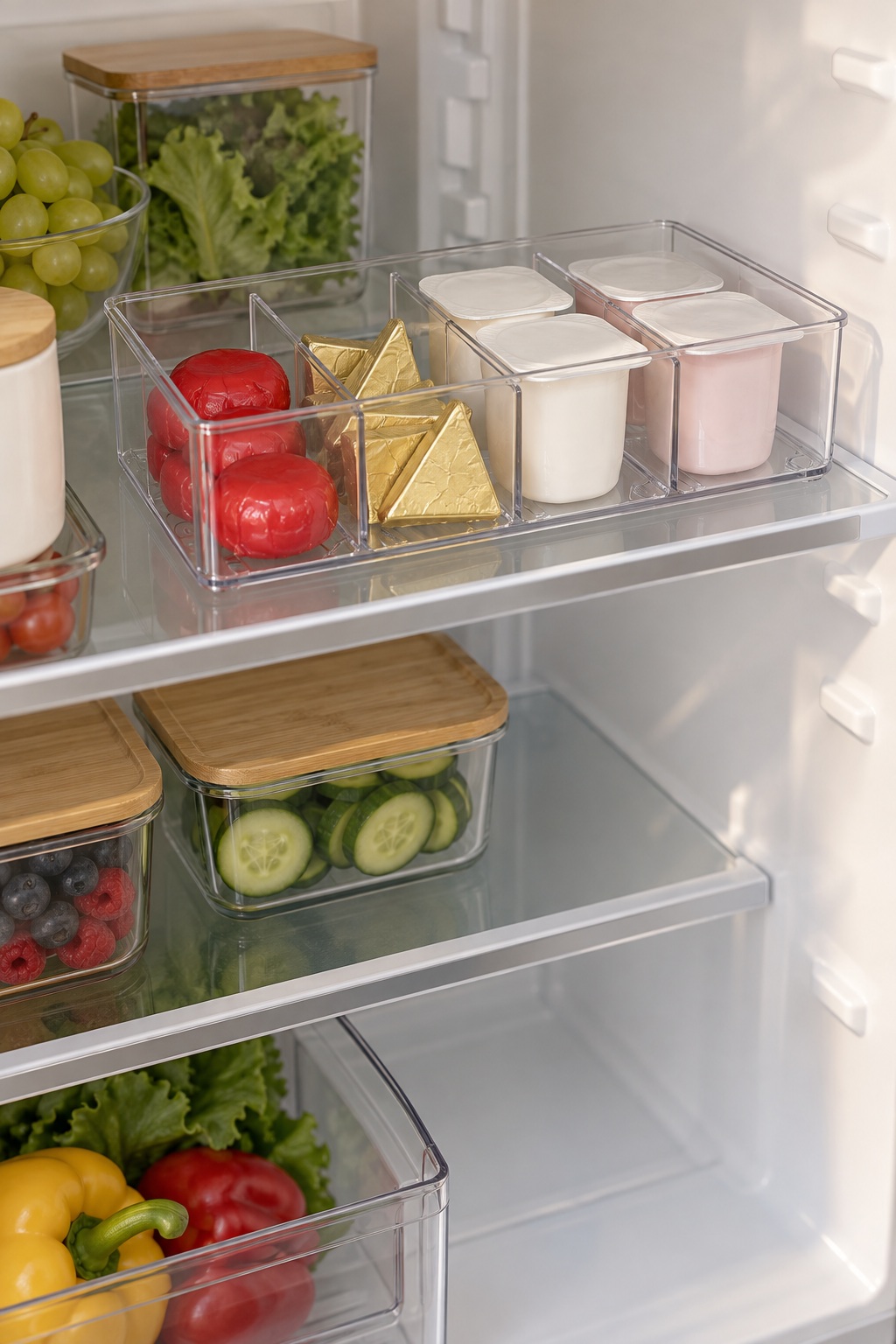 Unterteilte Box mit vier Fächern für verpackte Kühlsnacks