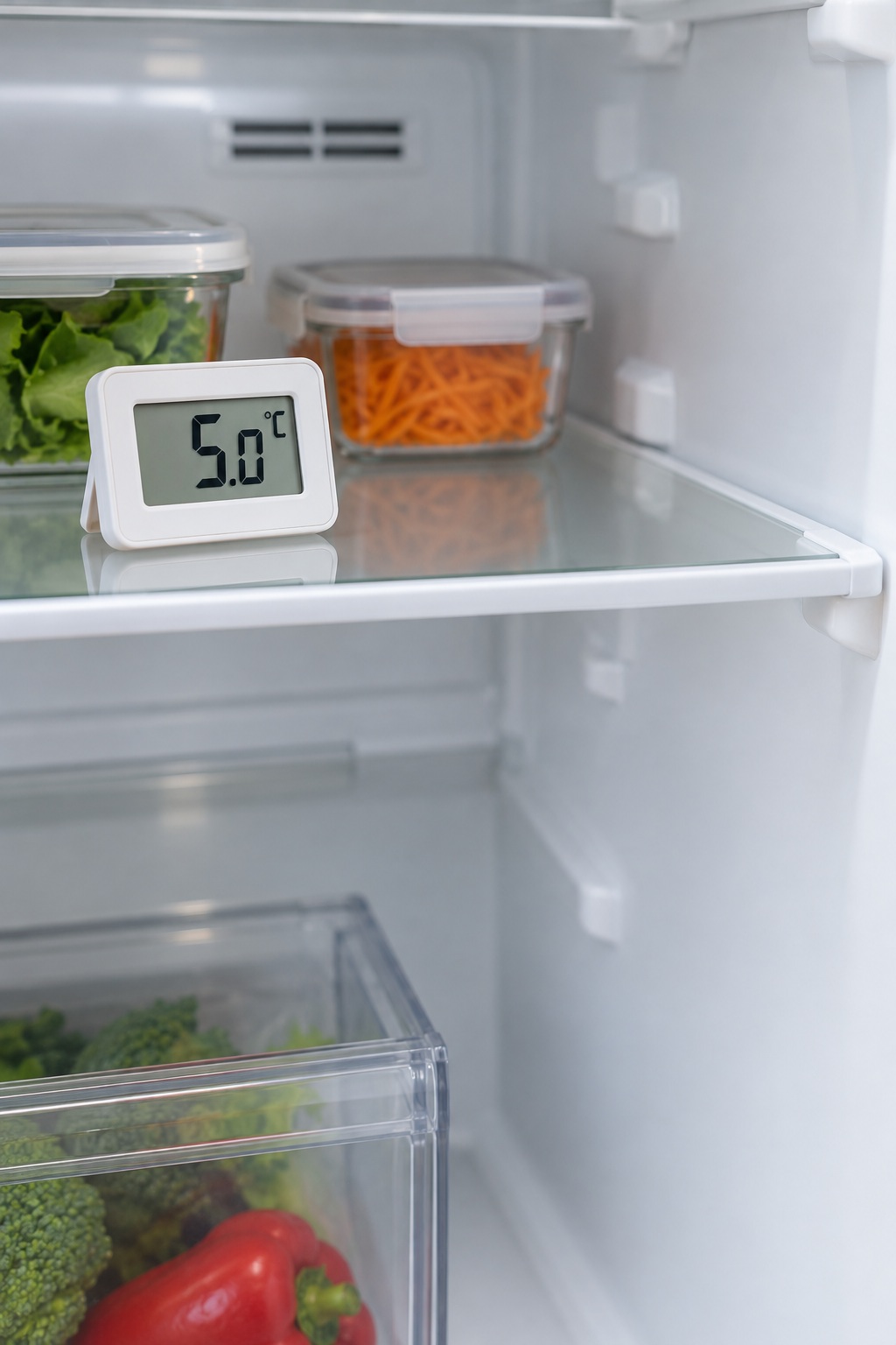 Kleines weißes Digitalthermometer auf einem Kühlschrankboden