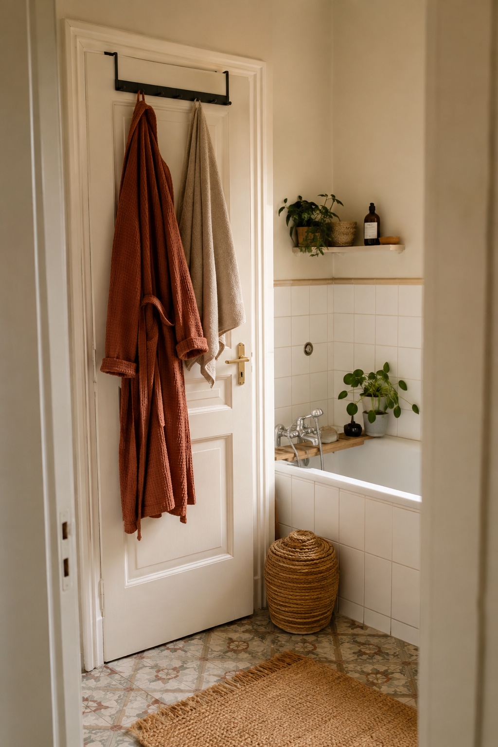 Bademantel und Handtuch hängen platzsparend an der Innenseite der Badtür