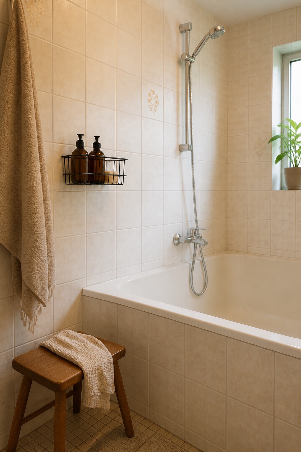 Wandkorb hält Shampoo und Duschgel über der Badewanne griffbereit