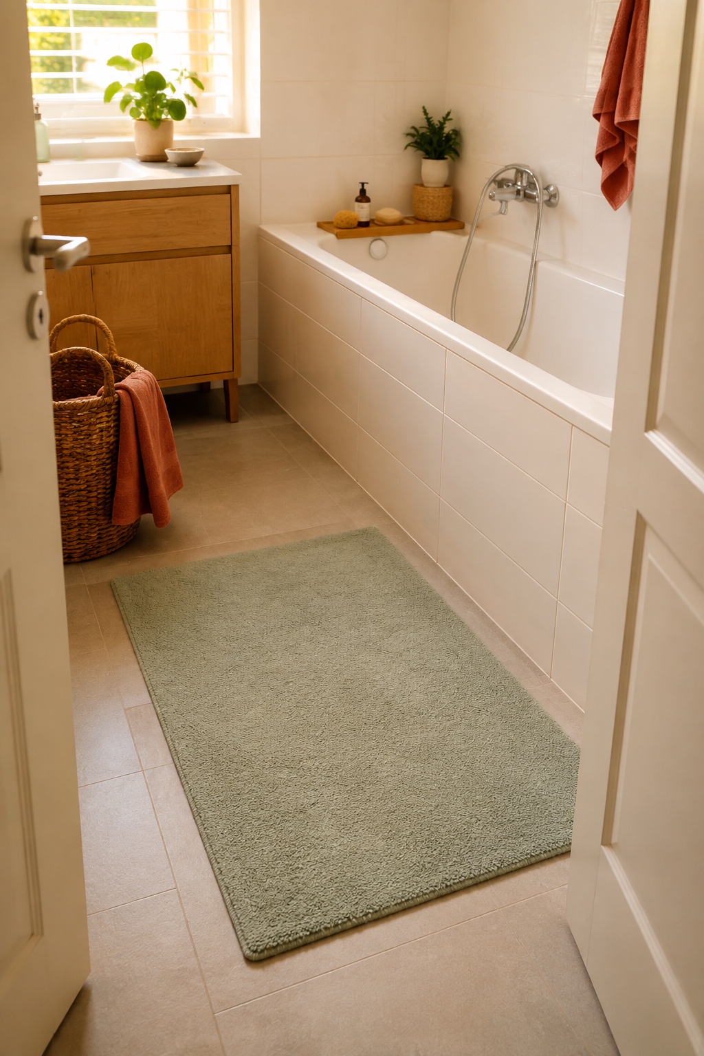 Helle weiche Badematte liegt sicher vor einer kleinen Badewanne