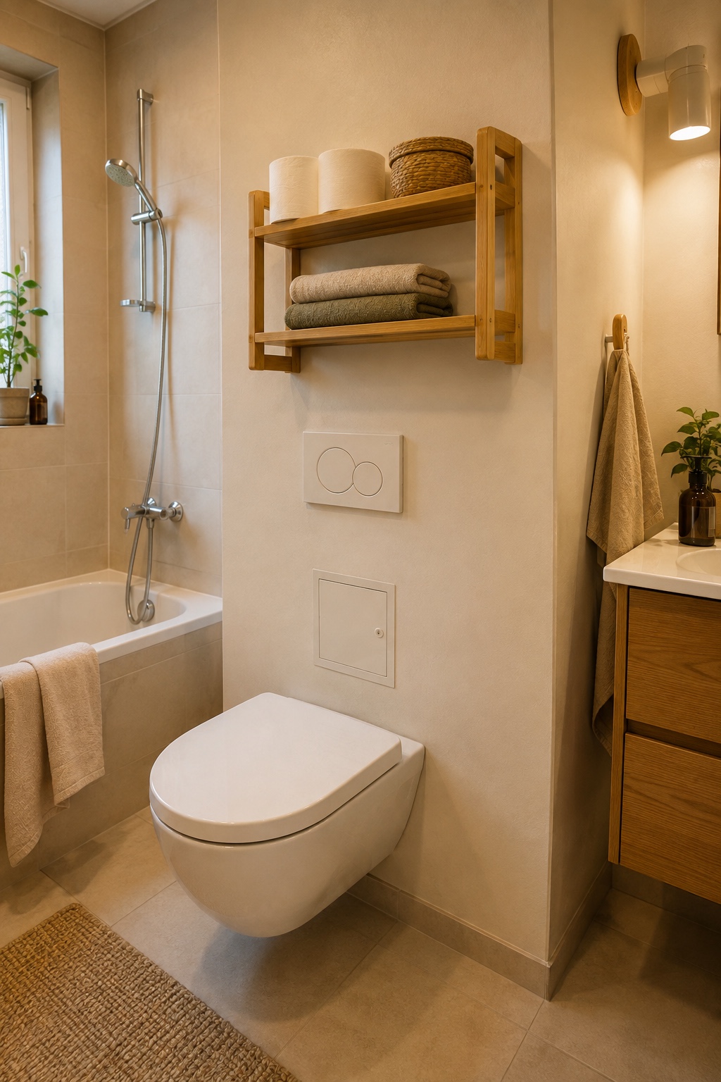Bambusregal über der Toilette hält leichte Vorräte und Handtücher