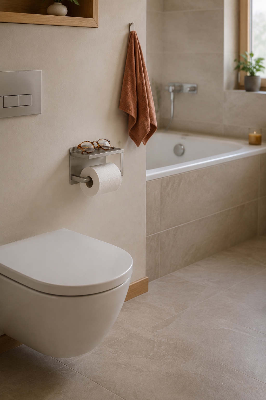 Toilettenpapierhalter mit kleiner Ablage nutzt die Seitenwand neben der Toilette